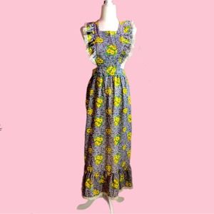 Vintage Longline Apron With Floral Print & Lace Trim